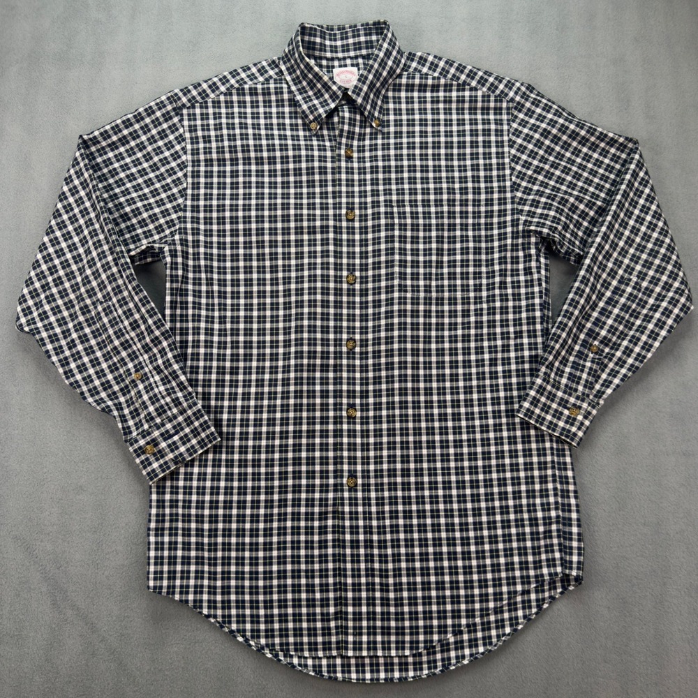 Brooks Brothers Mens Small Button Down Traditional Fit Non-Iron Plaid Navy